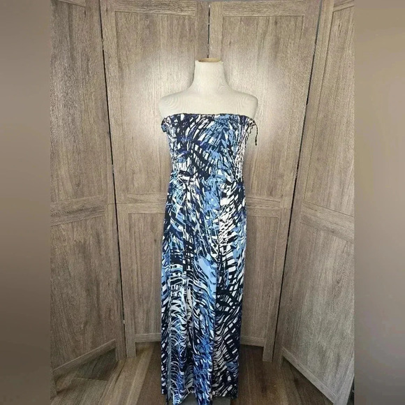 Blue and White Strapless Maxi summer Dress - Picture 1 of 8